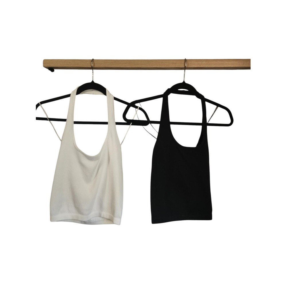 American Eagle Halter Tank Tops 2 Pack Black White Ribbed Knit Medium Womens